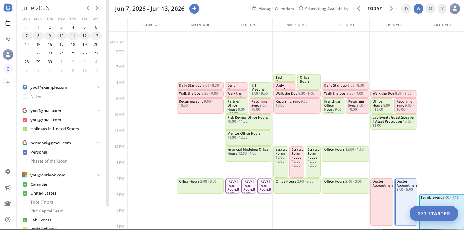Calendar week view with all calendars connected