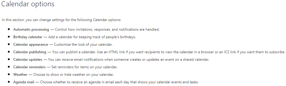 office 365 calendar options