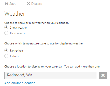 office 365 calendar weather options