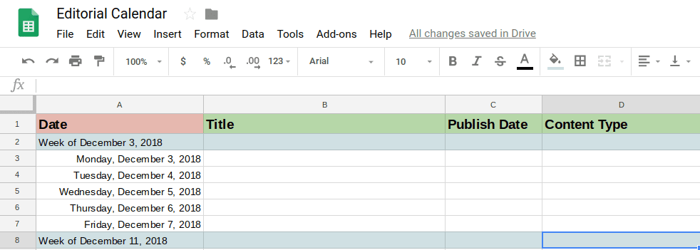 redaktionel kalender i Google sheets