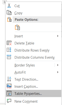 Word's table properties