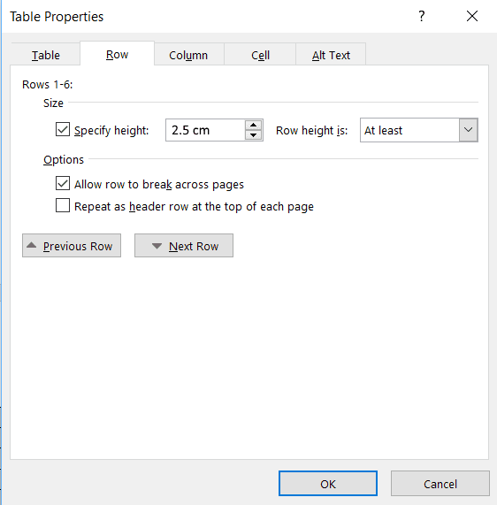 Set the height of the table.