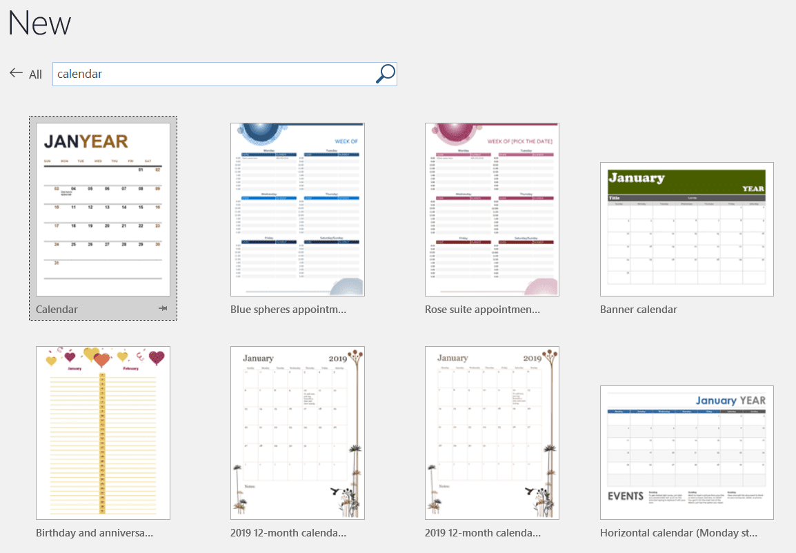 Calendar templates