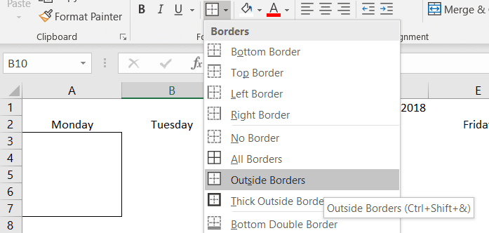 Create the calendar cells in Excel