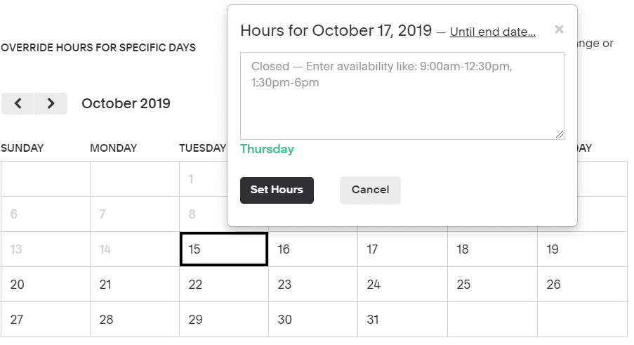overriding hours for specific days Acuity